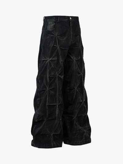 Heavy Washed Distressed Pleated Baggy Jeans